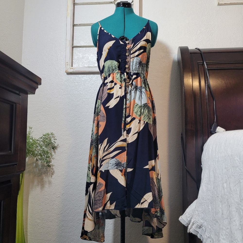 Brovave Navy and Multi-Coloured Floral High-Low Midi Dress  Adjustable Strap Md